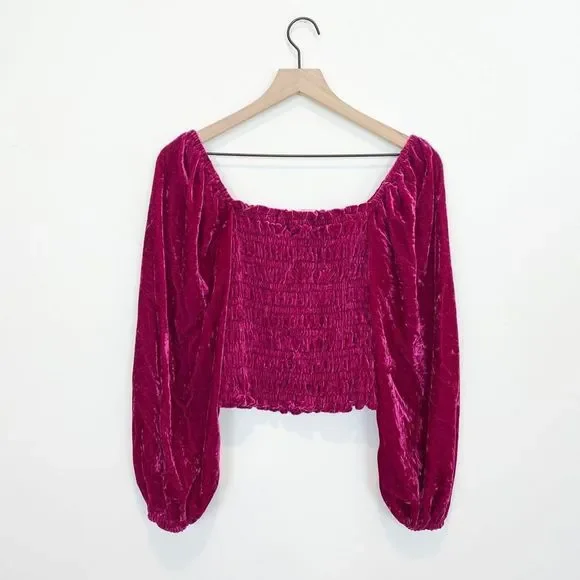 Anthropologie Magenta Pink Rose Smocked Velvet Puff Sleeve Peasant Blouse Ruffle - Picture 2 of 8